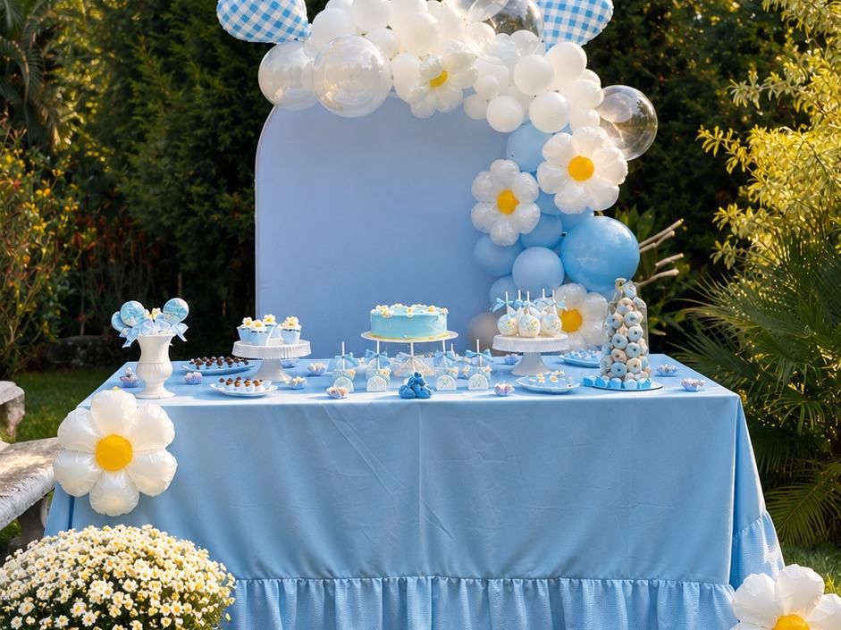 Mesa de festa montada no gramado do sítio, com toalha azul, arco de balões brancos e margaridas, doces e bolo.